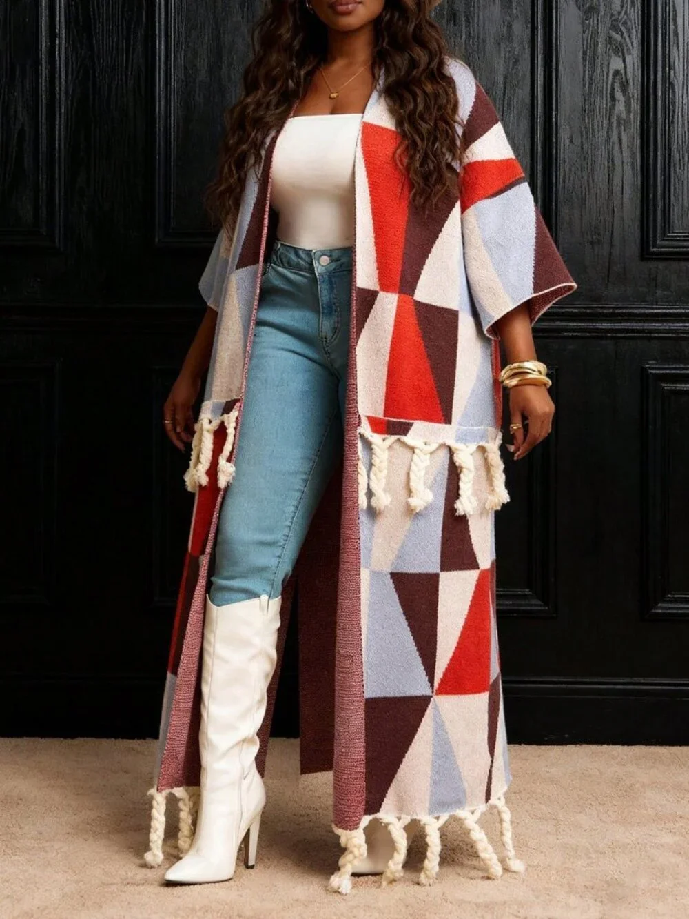 Multicolor Casual Women's Plus size Geometric Print Open front knit cardigan